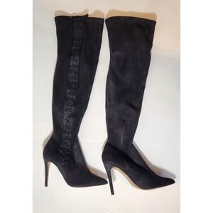 Black Faux Suede Over The Knee Lace Up Stiletto Boots Pointed Toe Size 8.5